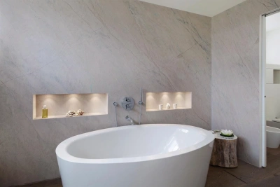Бежевый мрамор в ванной - Декоративная штукатурка Travertin Imperium